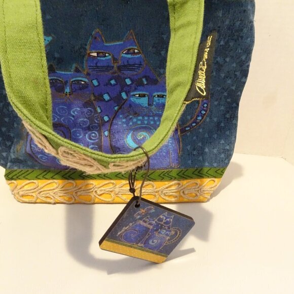 Laurel Burch Blue Cats Butterfly Tote Canvas Handbag Purse Charm Zipper Logo - Picture 2 of 4